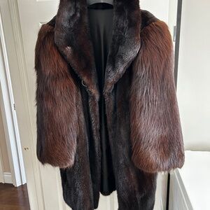 BLACK MINK COAT WITH FOX SLEEVES and TUXEDO COLLAR size large